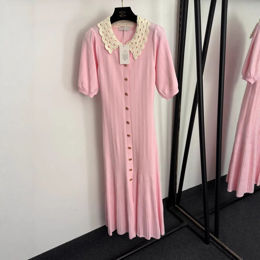 cut-out lace collar puff sleeve dress