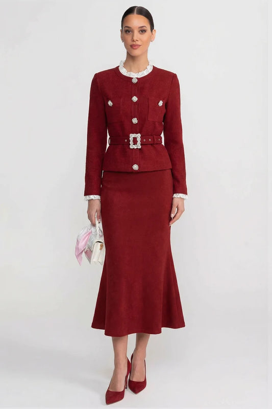 Long Sleeve Co-Ord With Fitted Knit Bodice And Crystal Button Detail - Burgundy