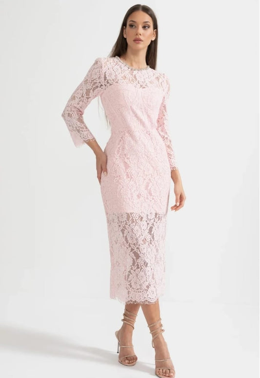 Elegant Long Sleeve Lace Dress With Matching Waist Belt - Pink