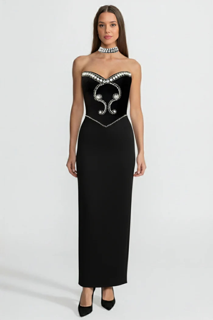 Crystal-Embellished Strapless Gown with Choker – Black