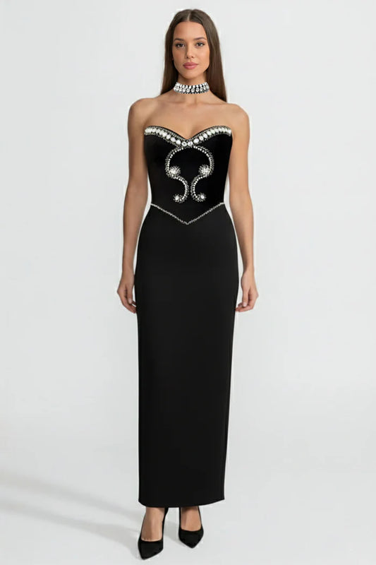 Crystal-Embellished Strapless Gown with Choker – Black