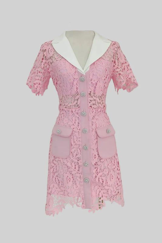 Lace Mini Dress with Contrast Collar and Jewel Buttons - Pink