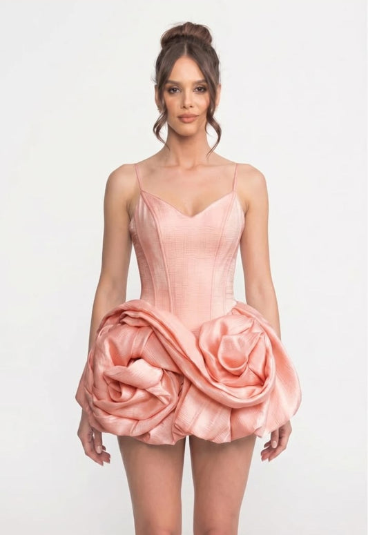 Spaghetti Strappy Velvet Mini Dress with 3D Pink Skirt - Pink