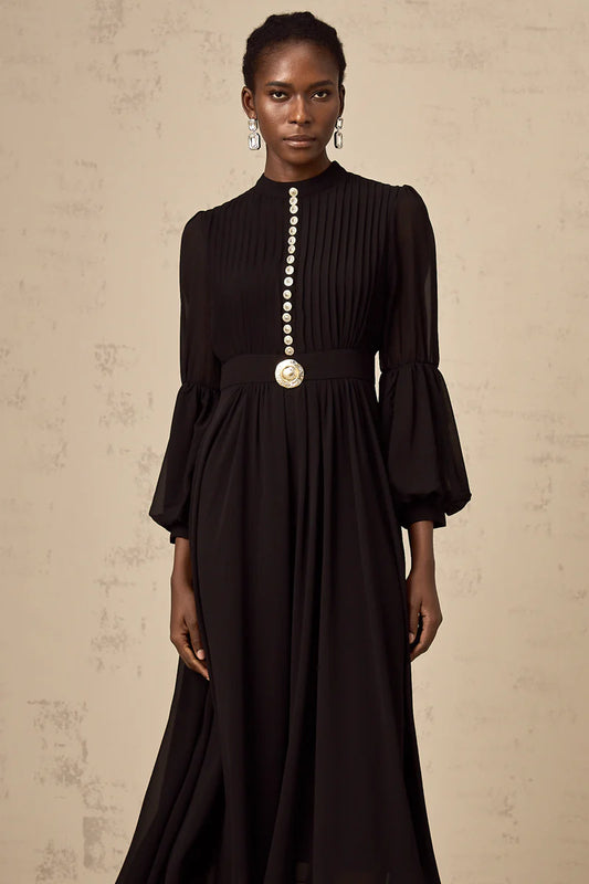 Viviane black pleated button-front midi dress
