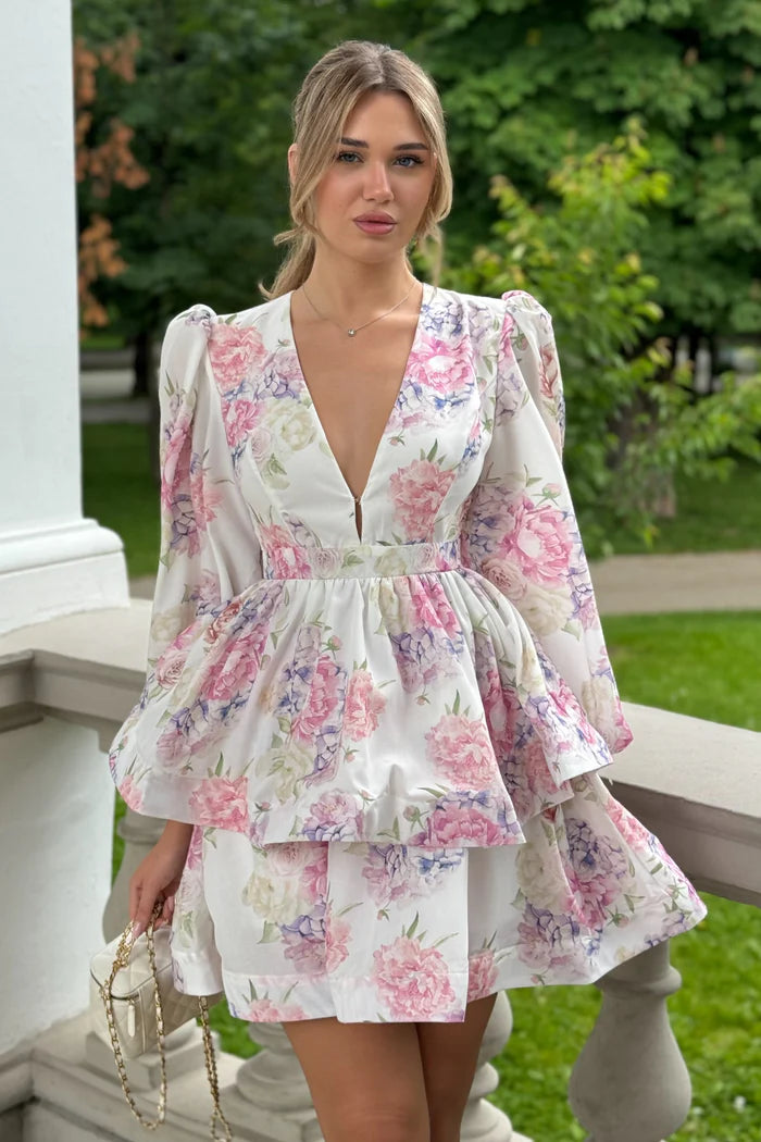 Floral Romantic Mini Dress With Voluminous Sleeves And Peplum Detail - White/Pink