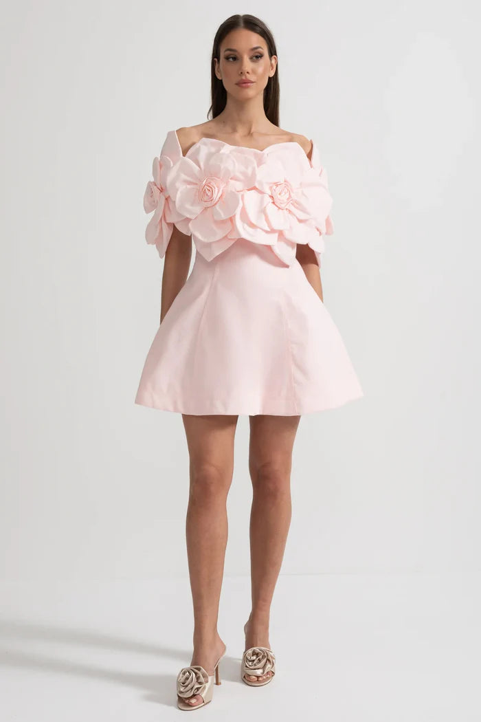 Off-Shoulder Mini Dress With Large Fabric Floral Accents