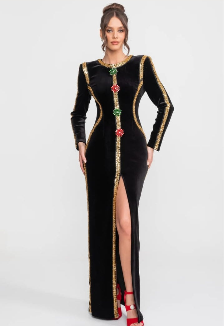 Velvet Maxi Dress With Gold Sequin Trim And Crystal Brooch Detail - Black
