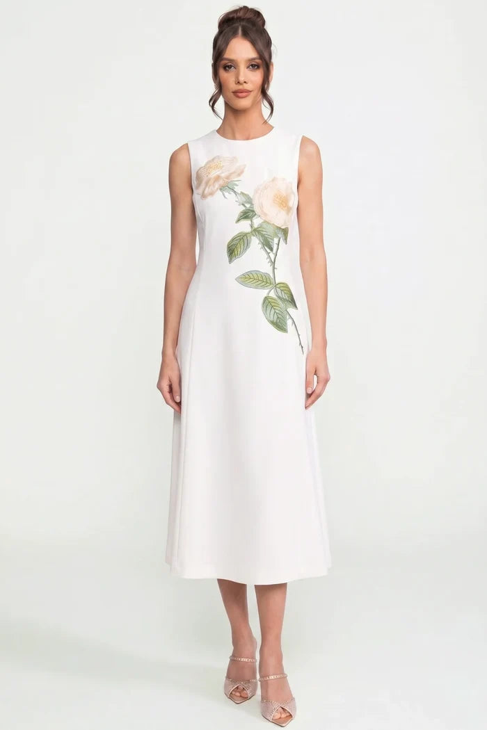 Sleeveless Midi Dress With 3D Floral Appliqué And Full Skirt - Whit