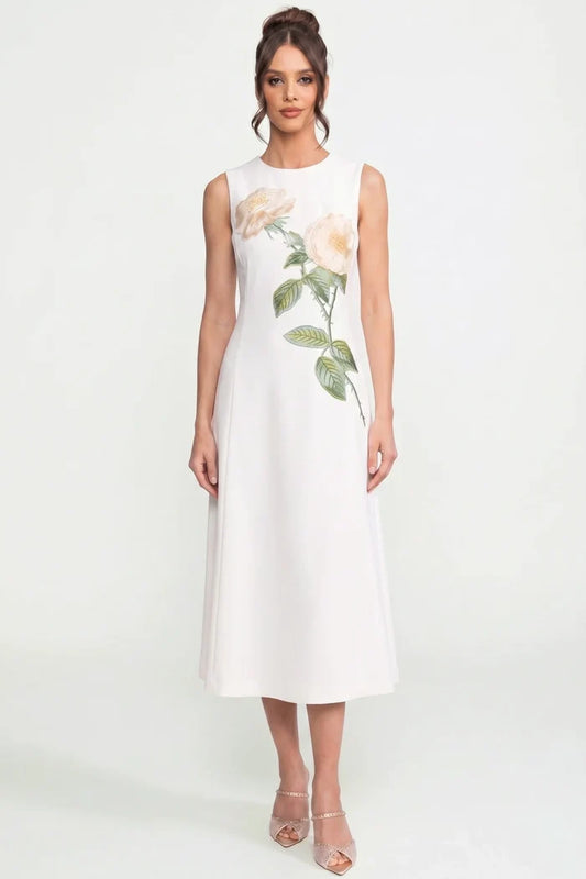 Sleeveless Midi Dress With 3D Floral Appliqué And Full Skirt - Whit