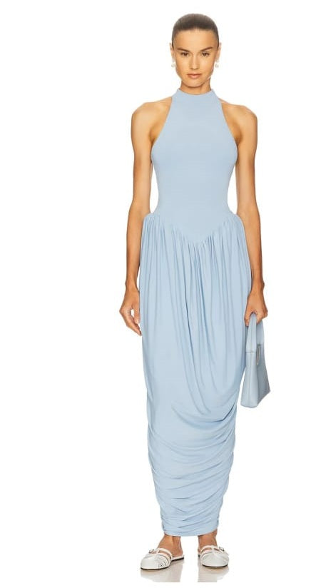 Catalina Blue Halterneck Draped Maxi Dress