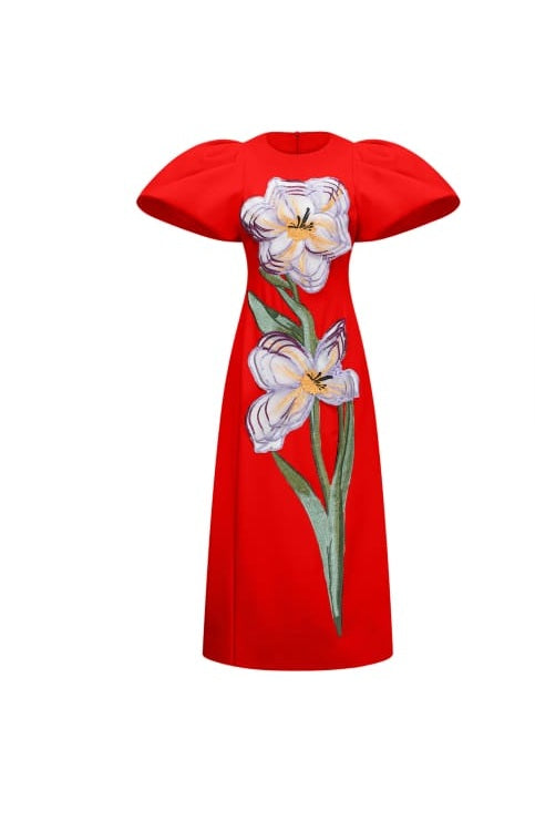 Irène Red Sequined Floral Embroidered Midi Dress