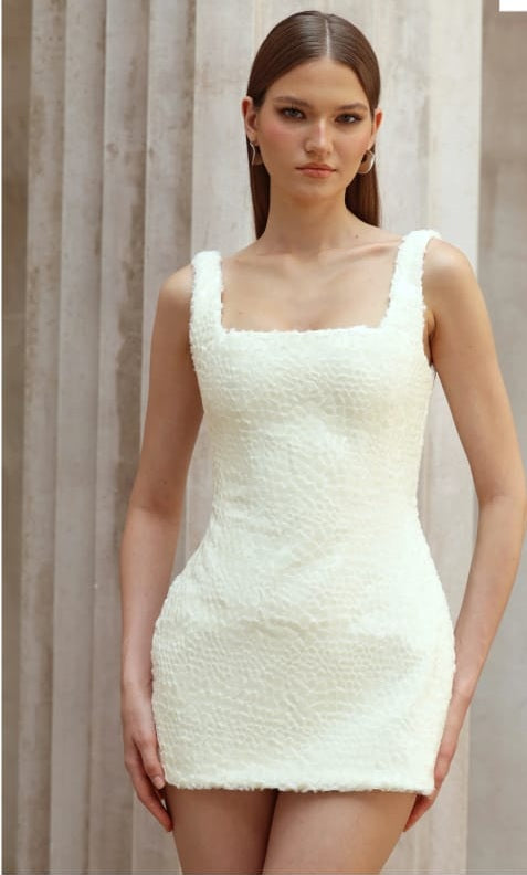 Angèle White Furry Snake Mini Bodycon Dress