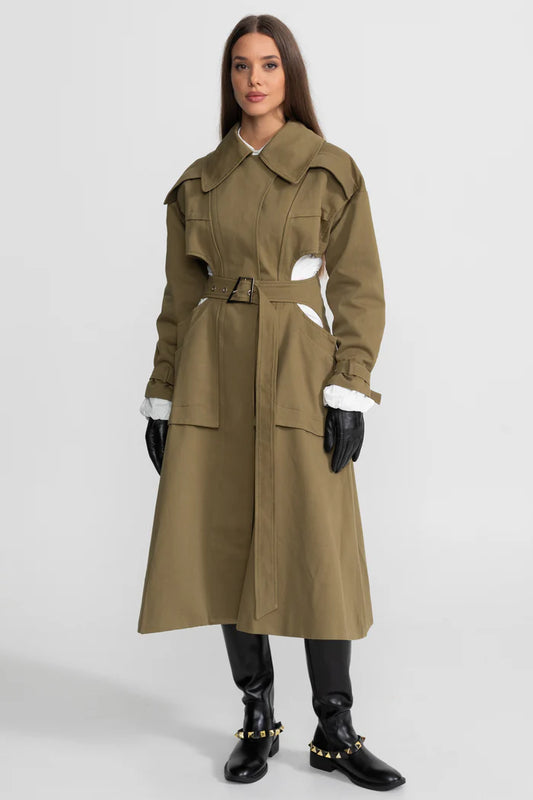 Cutout Trench Coat with Belted Waist and Utility Pockets - Khaki