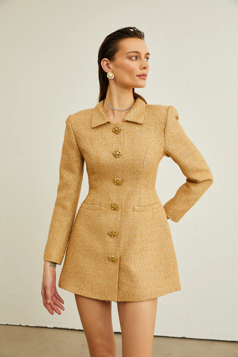 Morgane Tweed Long-Sheeve Mini Robe