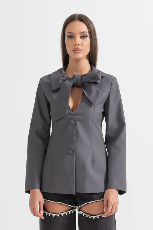 Tailored Blazer With Collar Bow - Gray