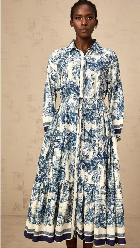 Adélaïde Graphic-Print Midi Kleid in Blau