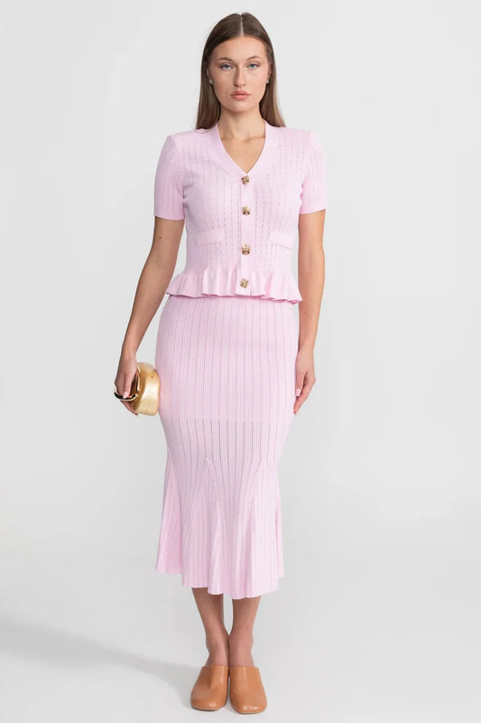 Knit Midi Co-Ord with Peplum Waist and Gold Buttons – Pink