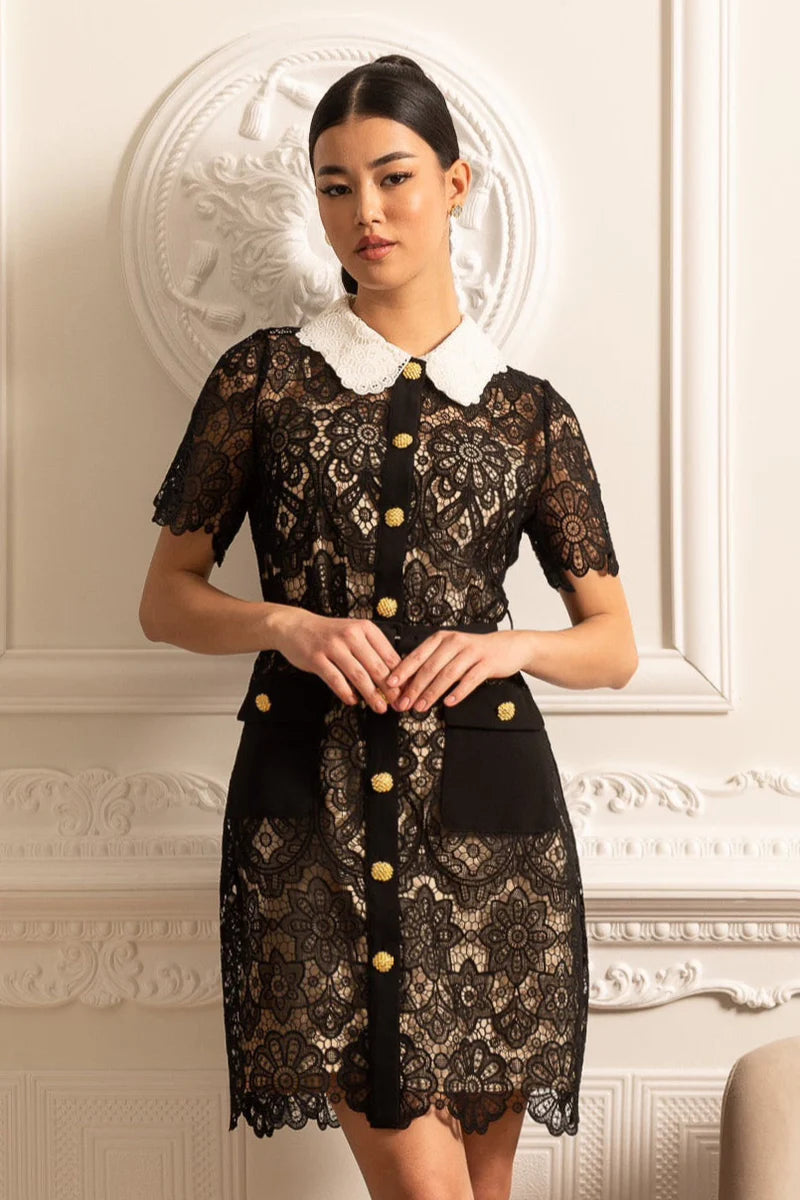 Floral Pattern Lace Dress With Short Sleeves And Contrasting Collar - Black