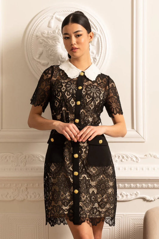 Floral Pattern Lace Dress With Short Sleeves And Contrasting Collar - Black