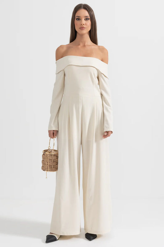 Off-The-Shoulder Jumpsuit With Back Bow Detail - Beige