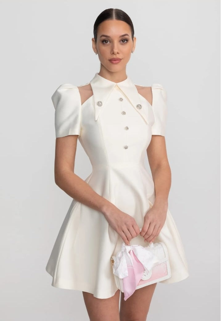 Puff Sleeve Mini Dress With Pointed Collar And Crystal Button Front - Ivoire