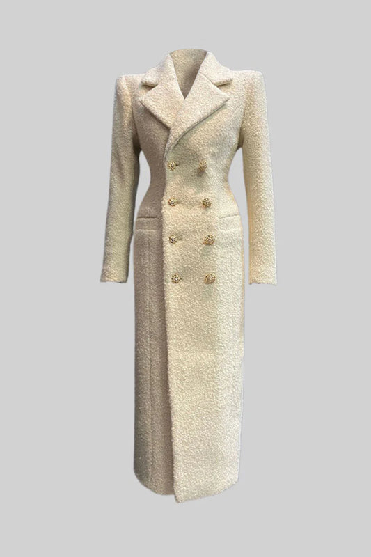 Double Breasted Textured Overcoat With Golden Buttons - Ivoire