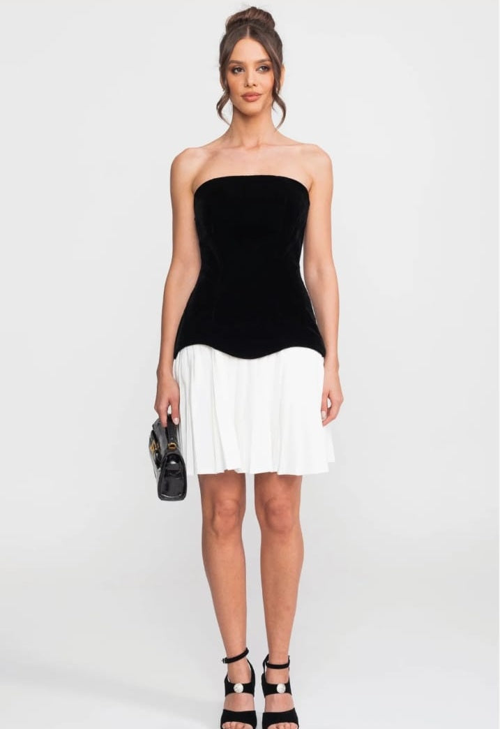 Strapless Velvet Mini Dress With Contrast Pleated Skirt - Black