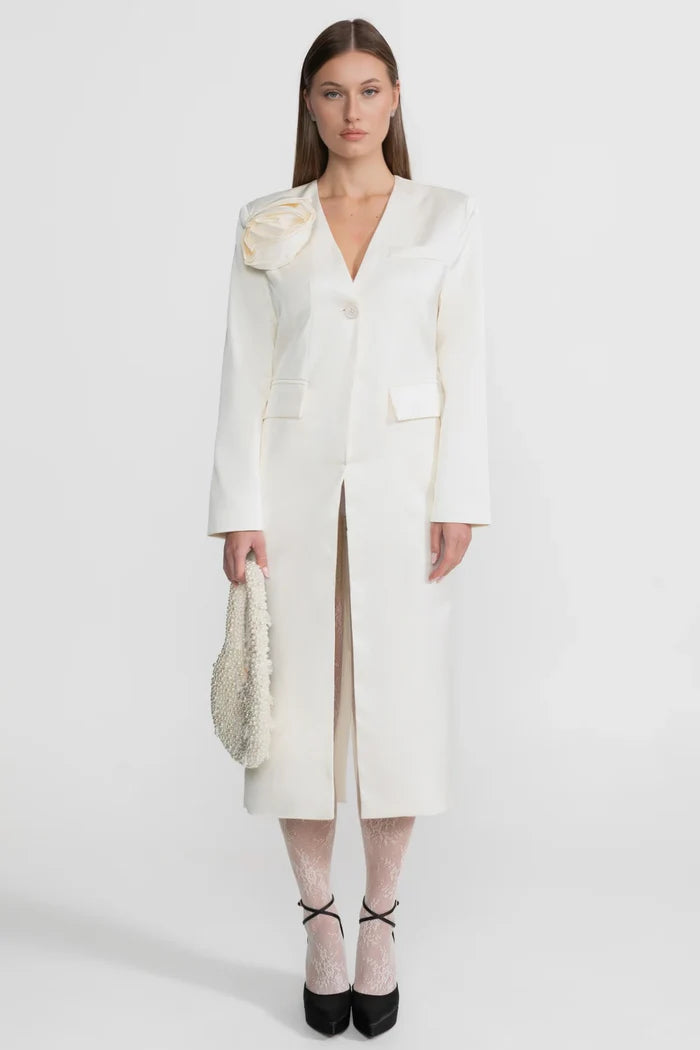 Satin Rose Embellished Blazer Dress – Ivoire