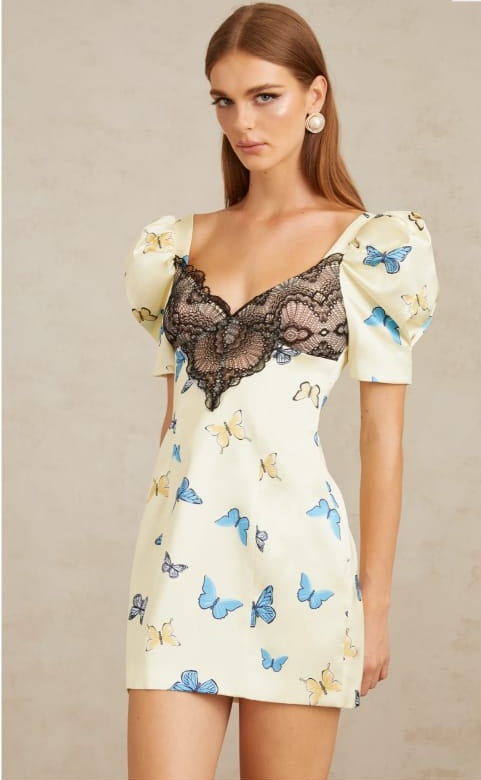 Sirkka White Butterfly Print Satin Mini Dress