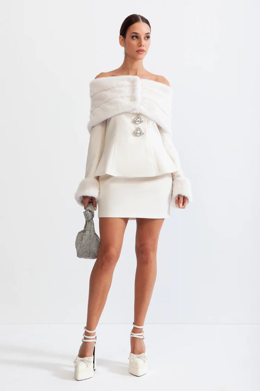 Off The Shoulder Co-Ord with Faux Fur - White