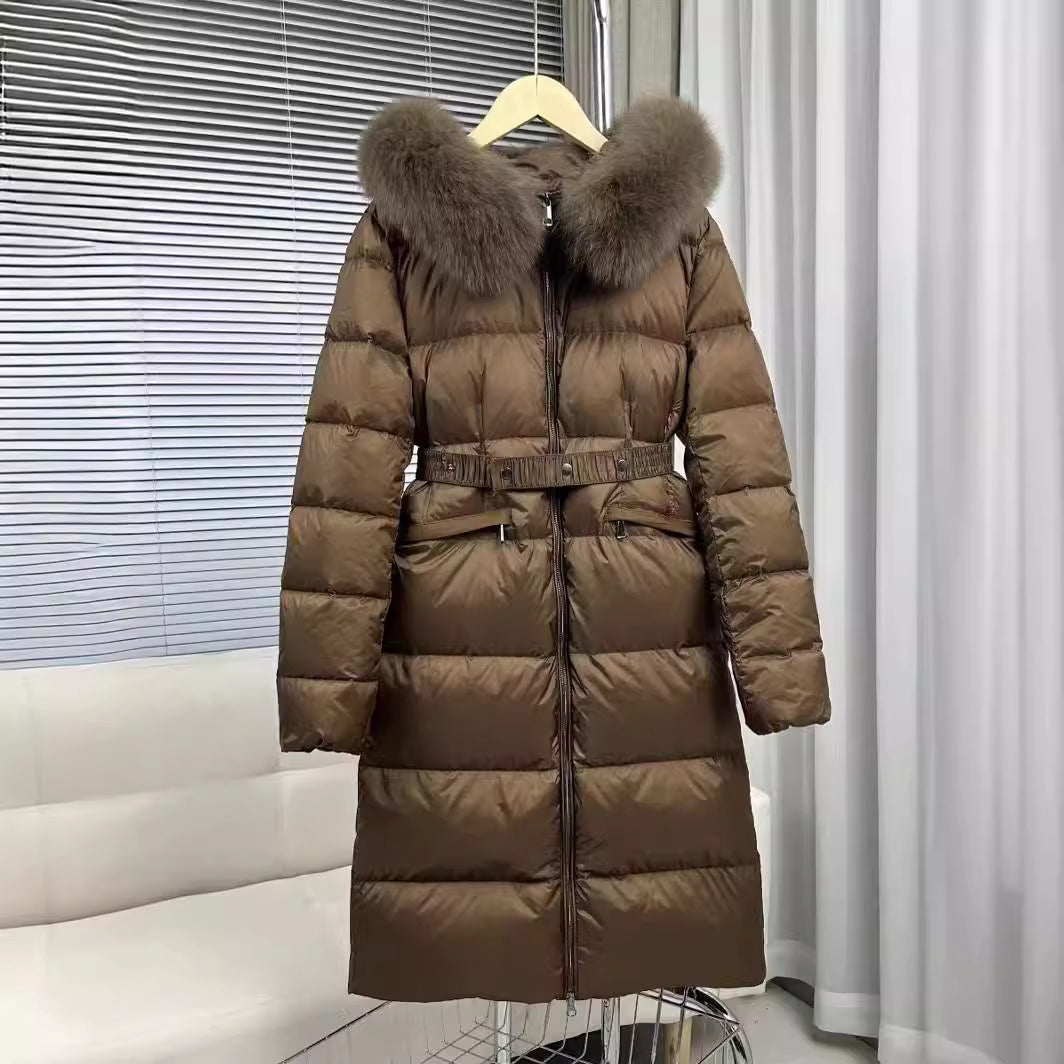 Fox big fur collar mid-length down jacket