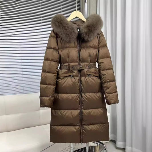 Fox big fur collar mid-length down jacket