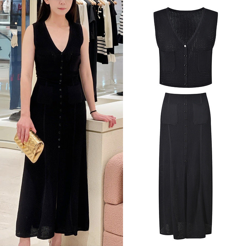 Black V-Neck Sleeveless Vest + Slit Skirt Two-Piece Set
