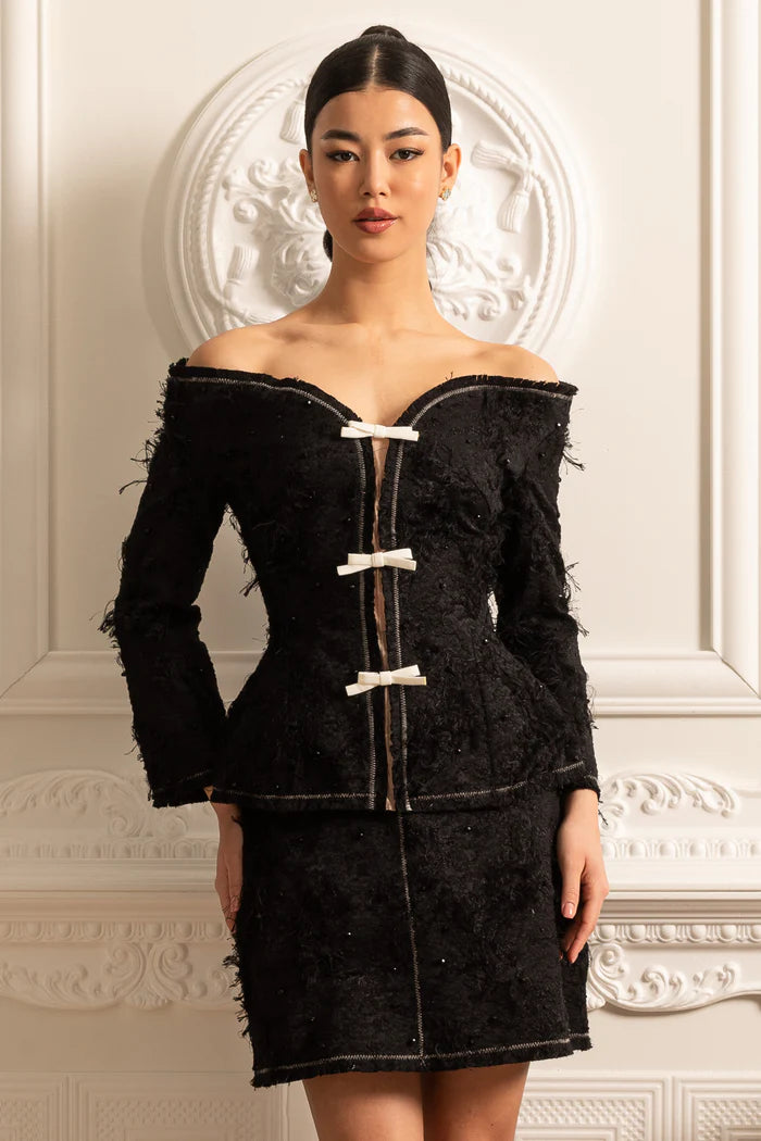 Textured Off-Shoulder Co-ord With White Bow Accents - Black