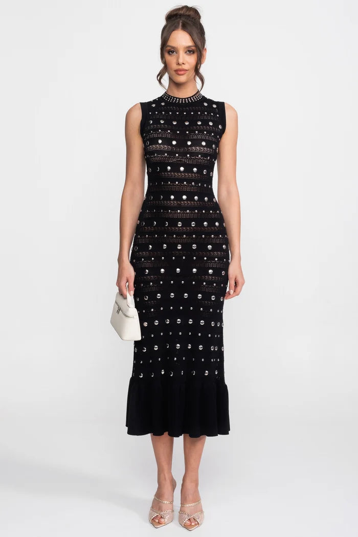 Embellished Knit Midi Dress With High Neck And Ruffle Hem - Black