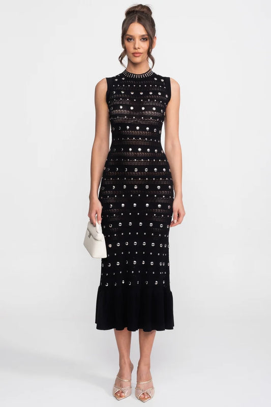 Embellished Knit Midi Dress With High Neck And Ruffle Hem - Black