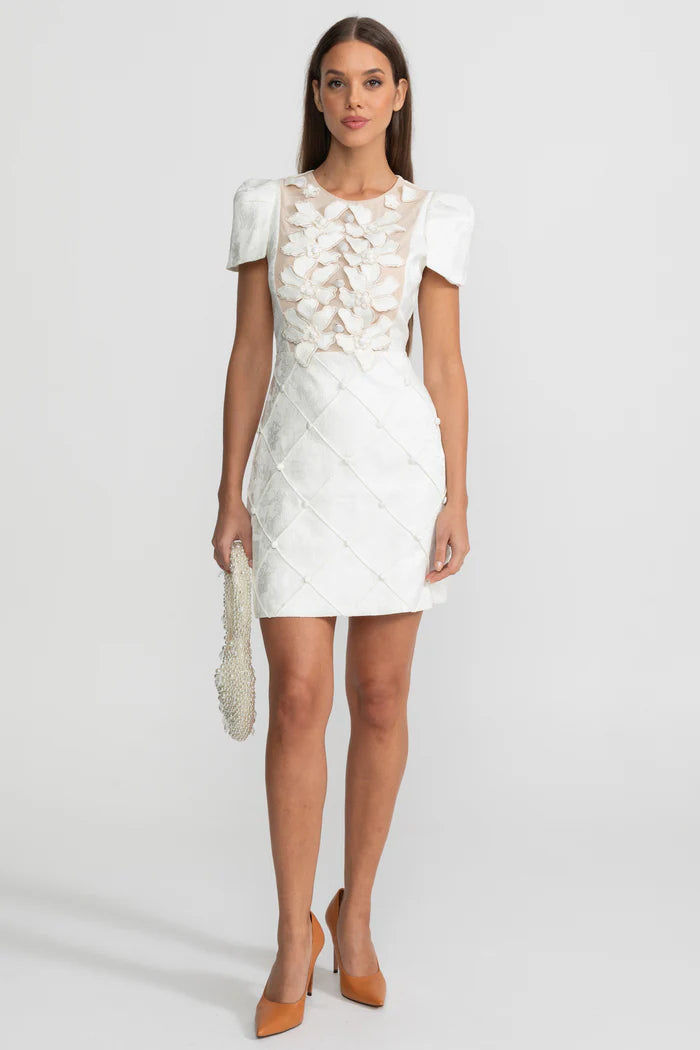 3D Floral Appliqué Mini Dress With Quilted Skirt – White