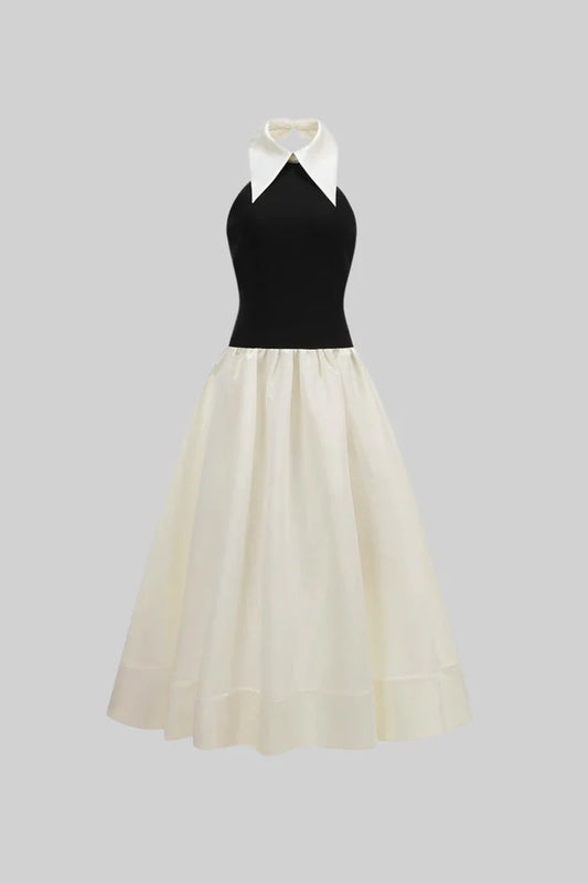 Halter Maxi Dress With Satin Collar and Full Skirt – Black/Ivoire
