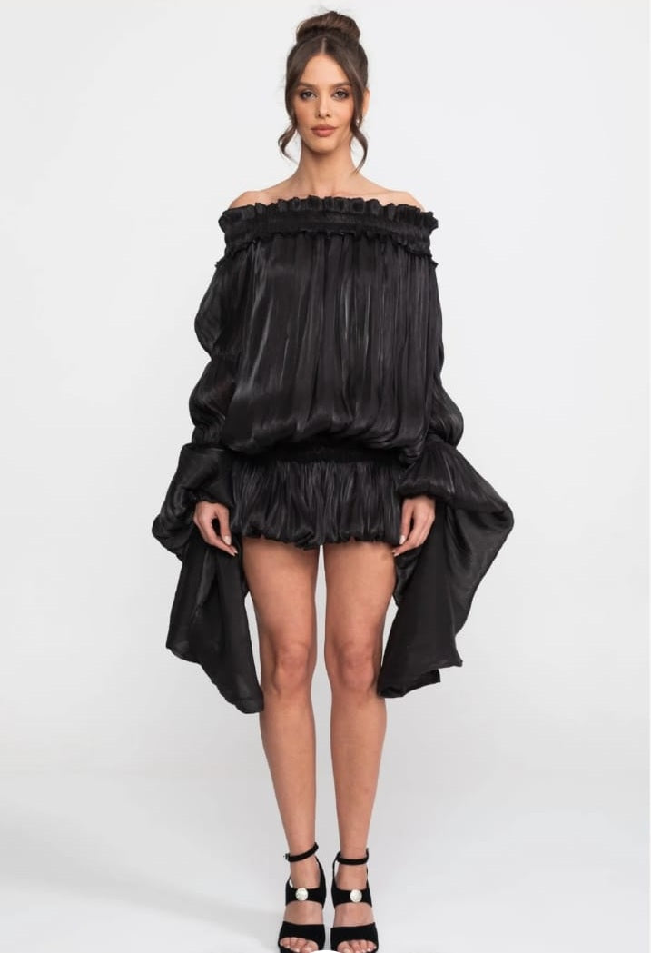 Off-Shoulder Ruffle Mini Dress With Draped Sleeves - Black