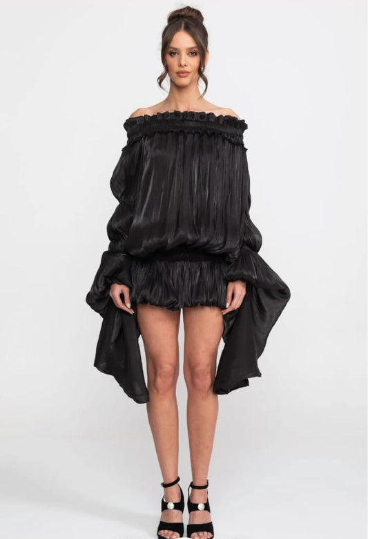 Off-Shoulder Ruffle Mini Dress With Draped Sleeves - Black
