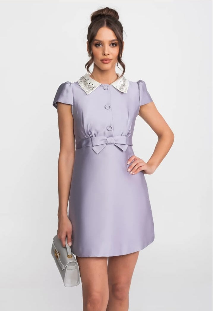 Satin Mini Dress With Crystal Peter Pan Collar And Bow Waist - Lilac