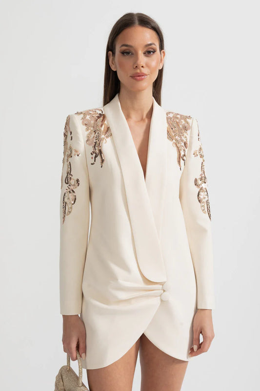 Draping Blazer With Intricate Shoulder Embroidery - Ivoire