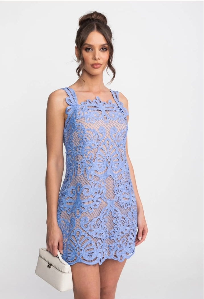 Guipure Lace Sleeveless Mini Dress With Scallop Hem - Light Blue