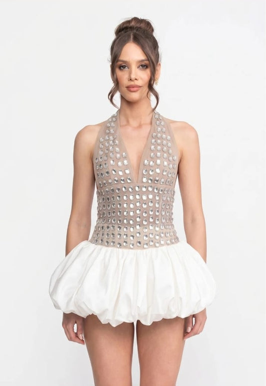Short Crystal-Embellished Halter Dress with Ball Skirt - White