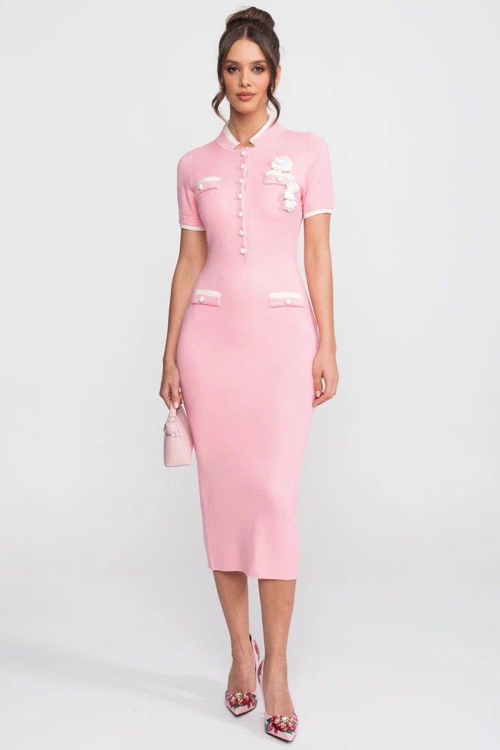 Ribbed Knit Midi Dress With Contrast Trim And Decorative Pockets - Pink