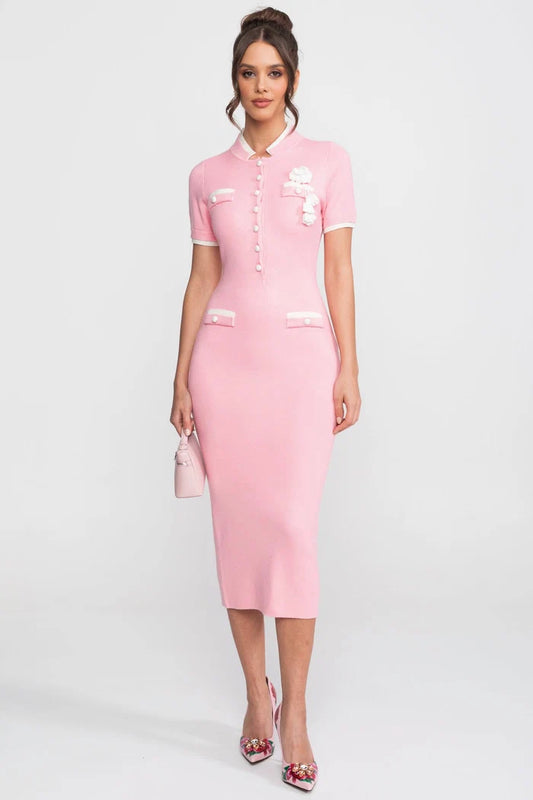Ribbed Knit Midi Dress With Contrast Trim And Decorative Pockets - Pink