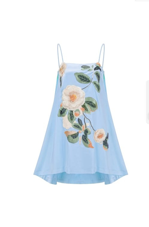 Avril Blue Floral Embroidered Satin Mini Dress
