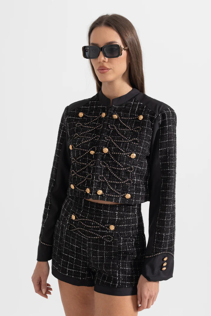 Two Piece Tweed Ensemble With Square Pattern And Gold Details - Black