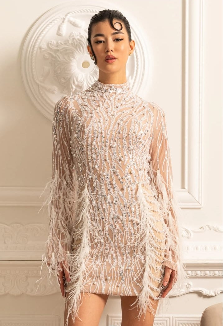 LONG SLEEVED SHEER DRESS WITH SEQUIN EMBELLISHMENTS AND FEATHER ACCENTS - BEIGE