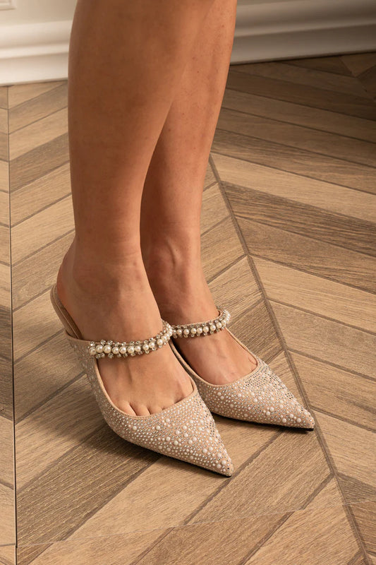 Pointed Toe Sandals With Pearls And Sparkling Embellishments - Beige